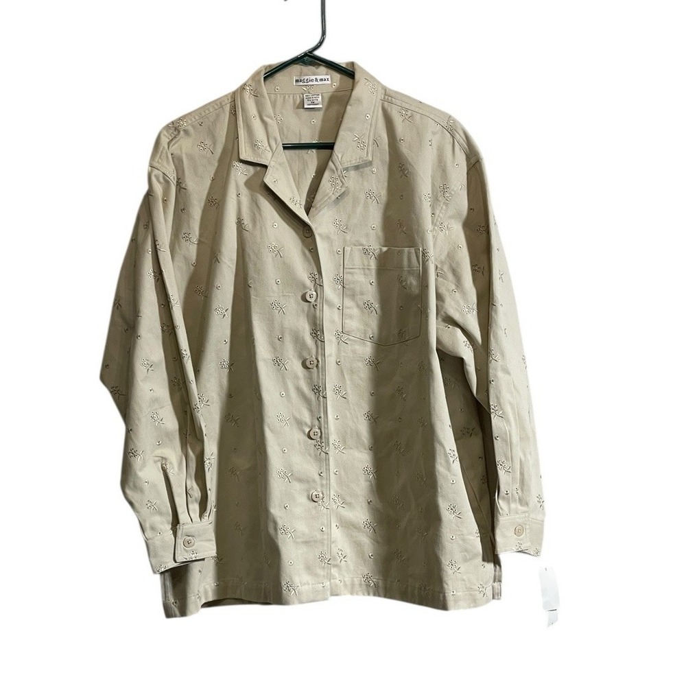 Maggie & Max 1X Shirt Jacket Cream Eyelet Long Sleeve Button Neutral NWT